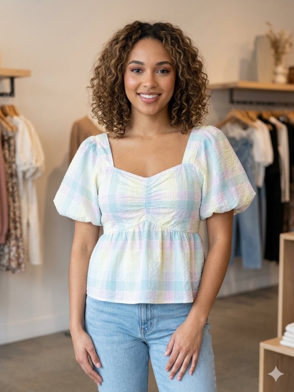 Old Navy Pastel Plaid Puff Sleeve Square Neck Babydoll Top like new Size Large